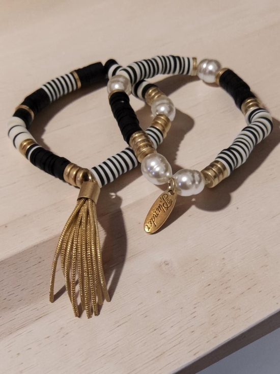 Plunder Jewelry - Plunder New Black, White & Gold Beaded Bracelet Set with Tassel